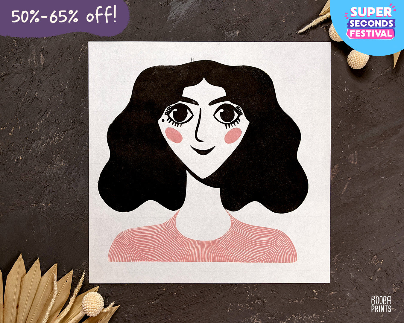 Whimsical Lady Portrait 2 Color Linocut Print ✷ 50%-65% Off