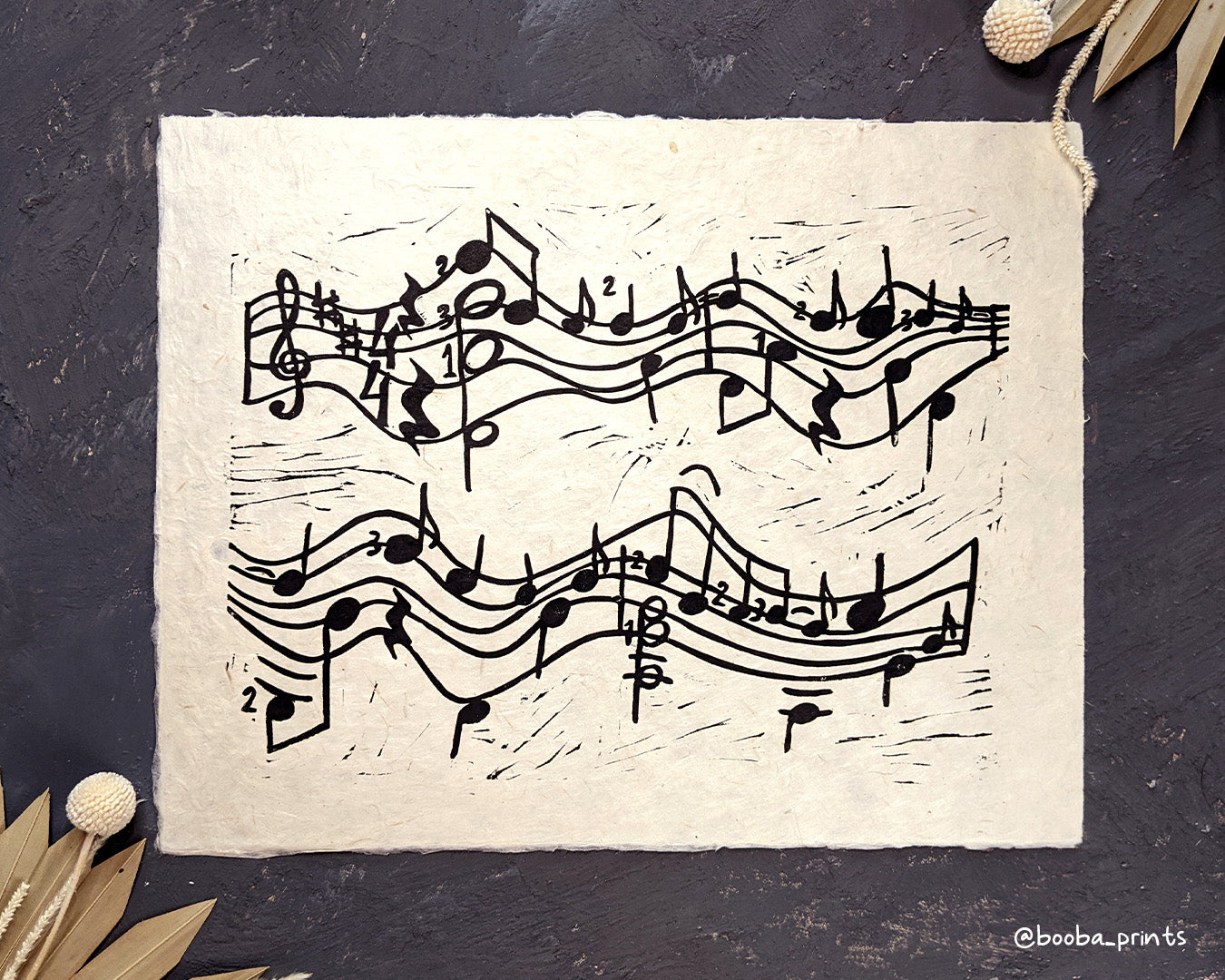 Handmade linocut print of Here Comes The Sun print, stylized music sheet and notes inspired the Beatles song. Black and white original linocut print. Super Seconds Festival, sale of samples and seconds, discounted prints by Booba Prints