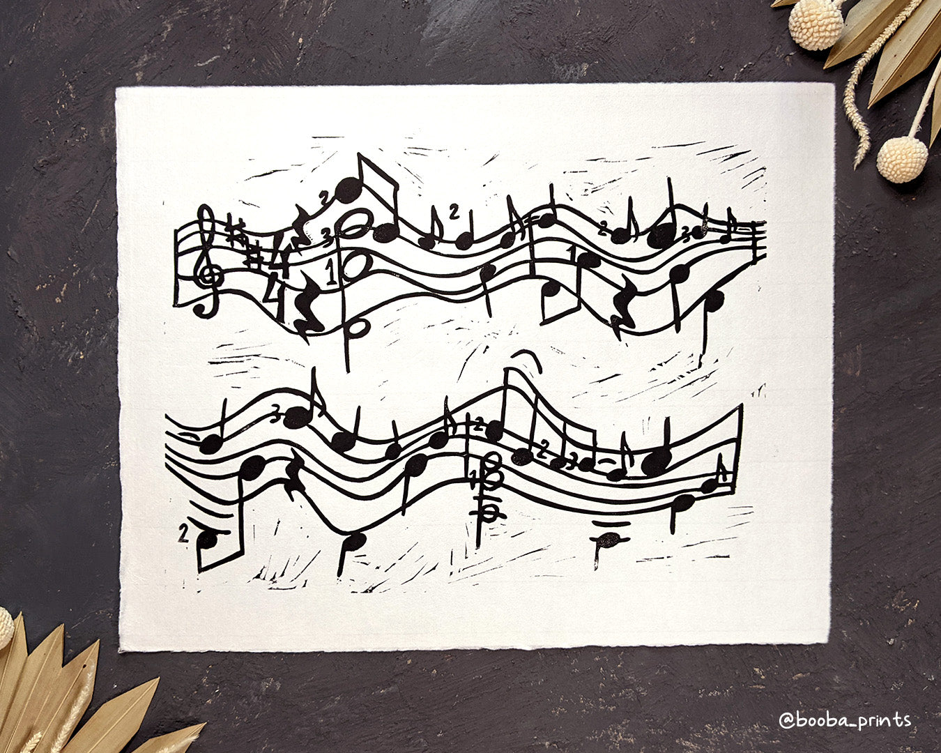 Handmade linocut print of Here Comes The Sun print, stylized music sheet and notes inspired the Beatles song. Black and white original linocut print. Super Seconds Festival, sale of samples and seconds, discounted prints by Booba Prints
