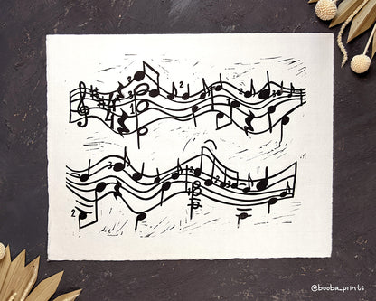 Handmade linocut print of Here Comes The Sun print, stylized music sheet and notes inspired the Beatles song. Black and white original linocut print. Super Seconds Festival, sale of samples and seconds, discounted prints by Booba Prints