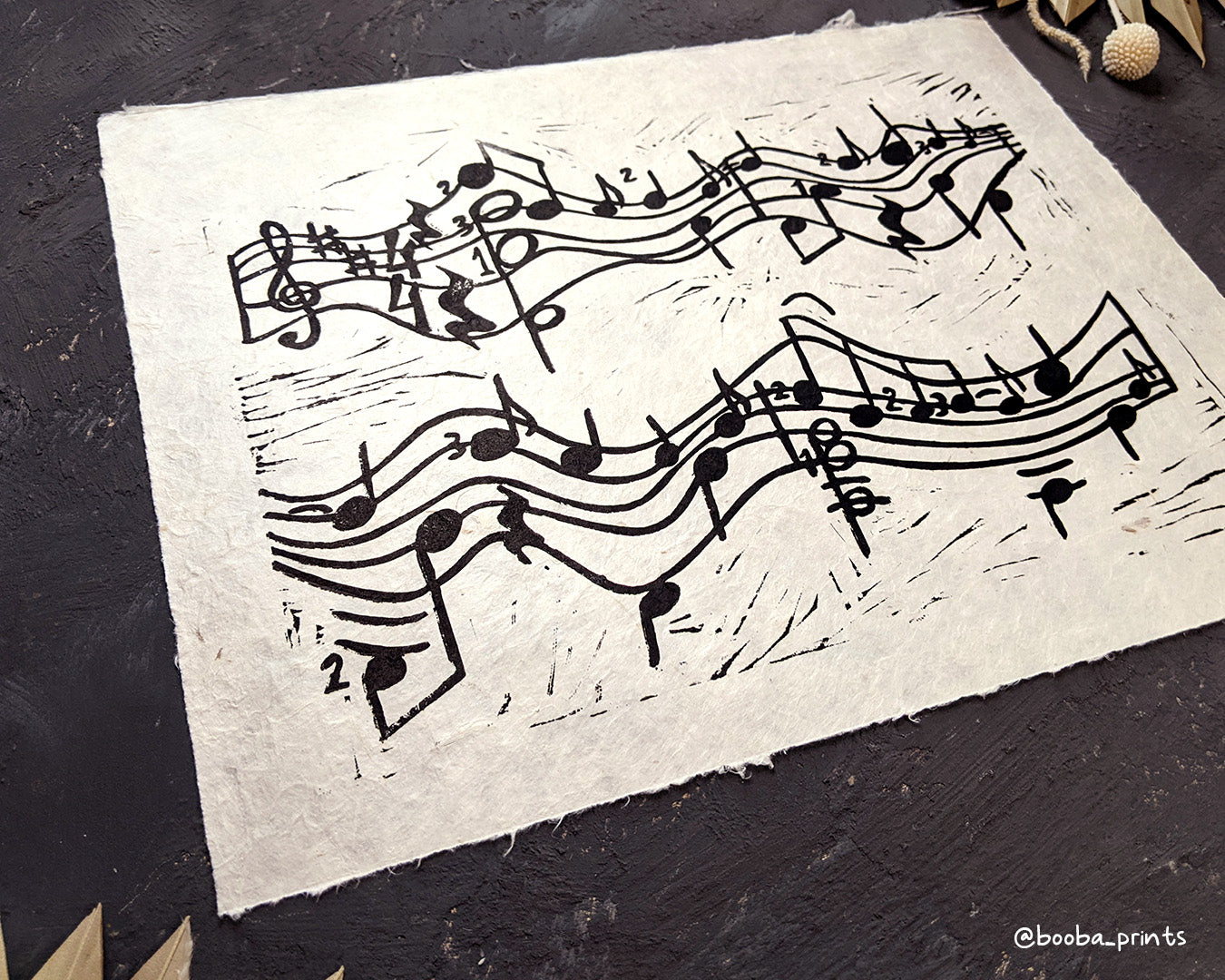 Handmade linocut print of Here Comes The Sun print, stylized music sheet and notes inspired the Beatles song. Black and white original linocut print. Super Seconds Festival, sale of samples and seconds, discounted prints by Booba Prints