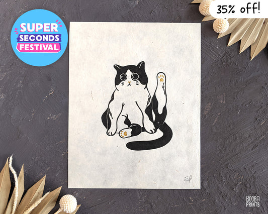 Marvelous Cat Linocut Print 35% Off
