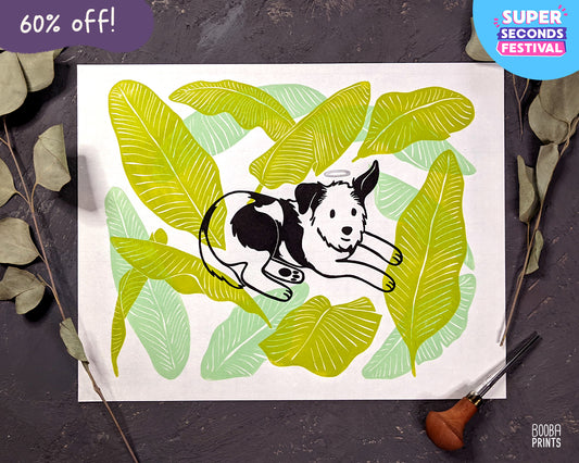 Dog & Banana Leaves Original Linocut Print ✷ 60% Off