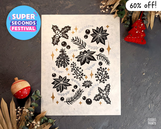 Christmas Flowers Linocut Print 60% Off