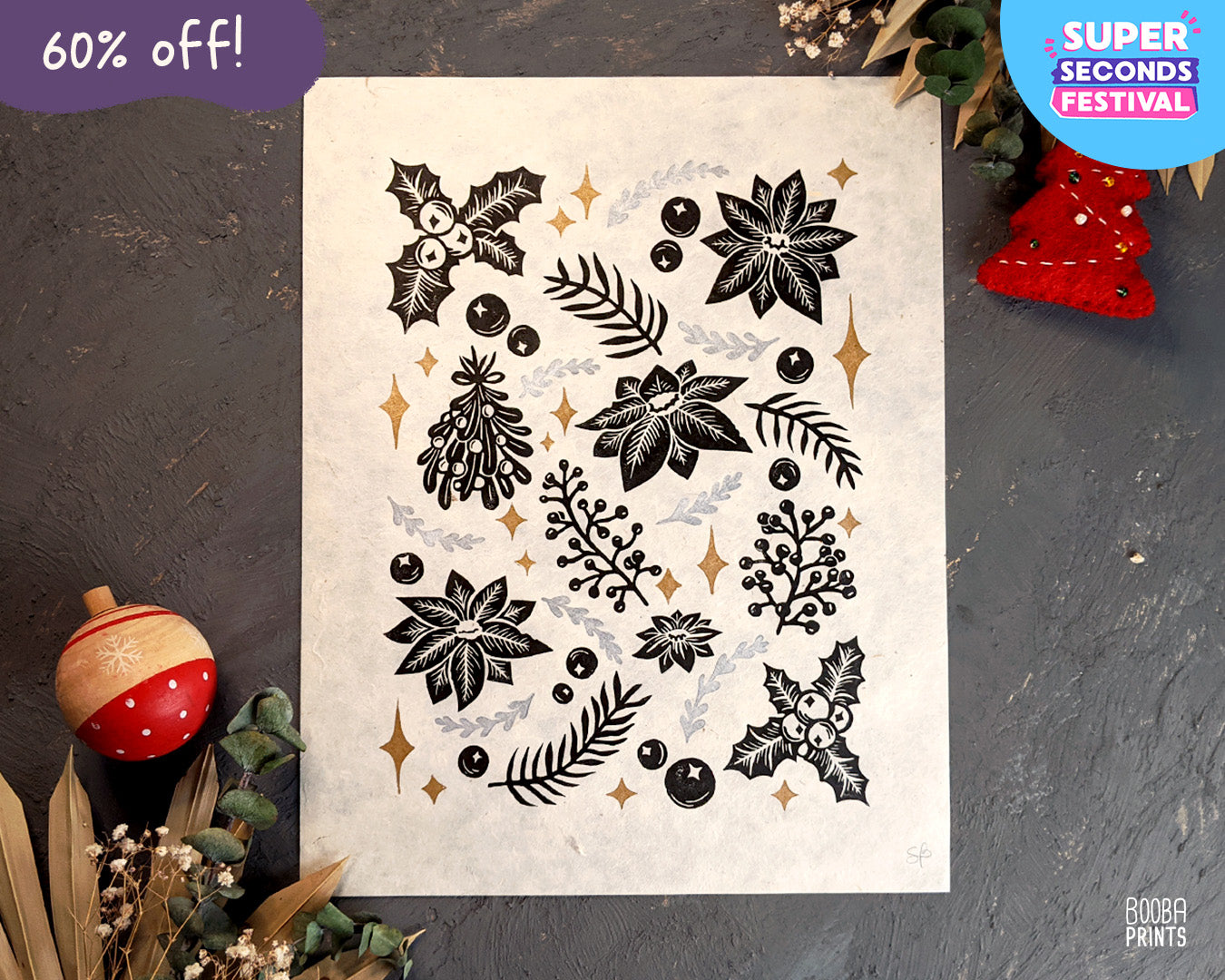 Christmas Flowers Linocut Print ✷ 60% Off