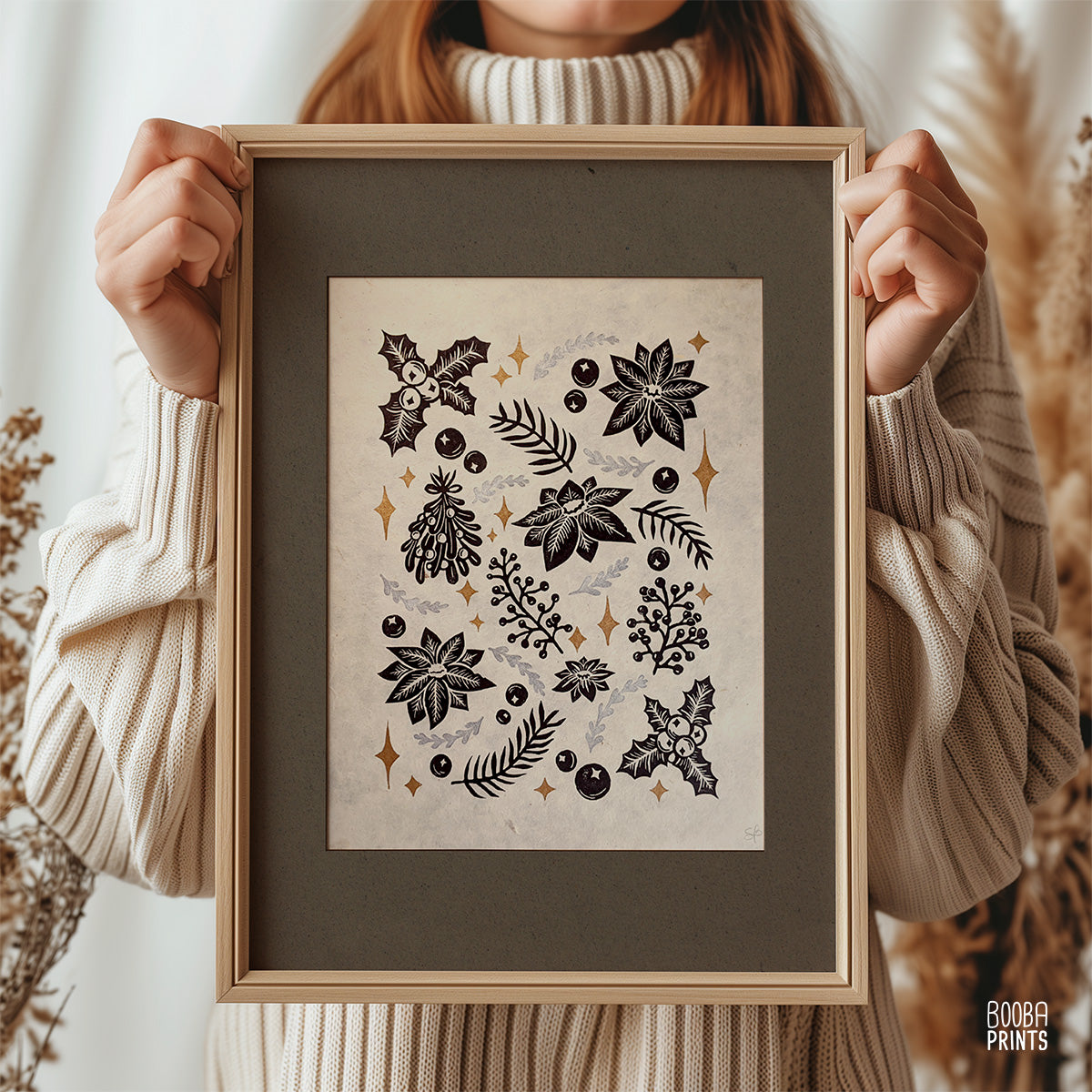 Christmas Flowers Linocut Print