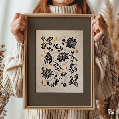 Christmas Flowers Linocut Print
