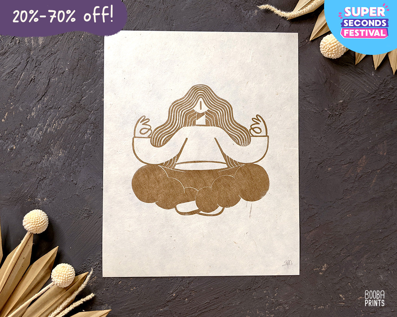 Golden Meditation Linocut Print ✷ 60%-70% Off