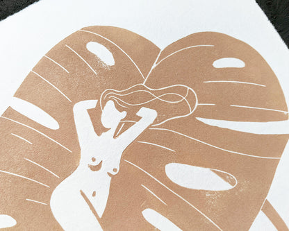 Handmade linocut print of Leafy Lady. Printed with nude or peach ink on a white Hosho paper. Super Seconds Festival sale of samples and seconds. 65% off. art by Booba Prints.