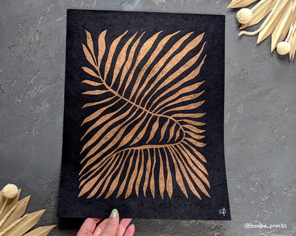 Minimalistic linocut original print of a plant in copper ink. Minimal style for home decor. Super Seconds Festival, sale of samples and seconds, discounted prints and gift, art by Booba Prints