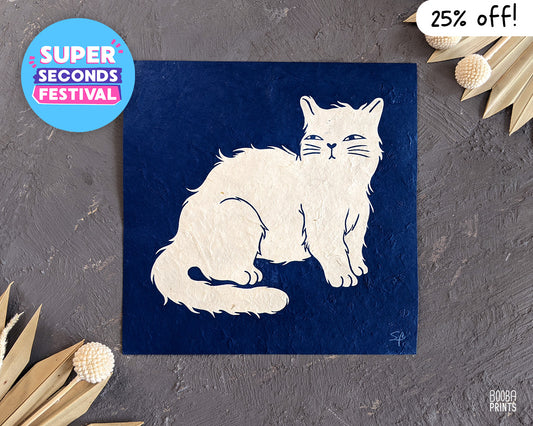 Night Time Cat linocut print. Handmade linocut print, printed by hand with oil based ink. Super Seconds Festival, an online festival selling samples and seconds in discounted prices. Add this cute cat print to your home for some whimsical touches. Art by Booba Prints