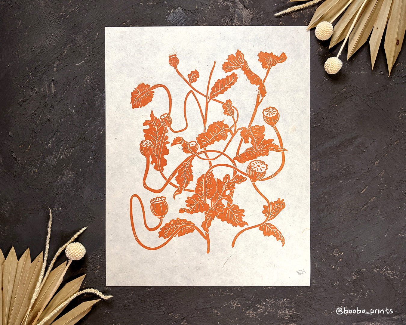 Orange Flowers Fall Composition Linocut Print