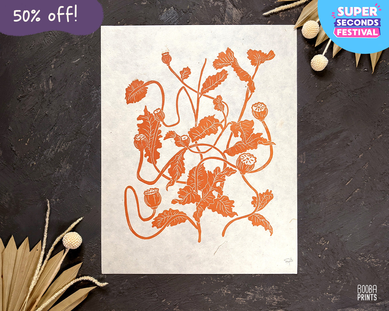 handmade linocut print of flowers. Orange ink on natural paper. Floral print for home decor. Super Seconds Festival, online UK based sale of samples and seconds. Art by Booba Prints.
