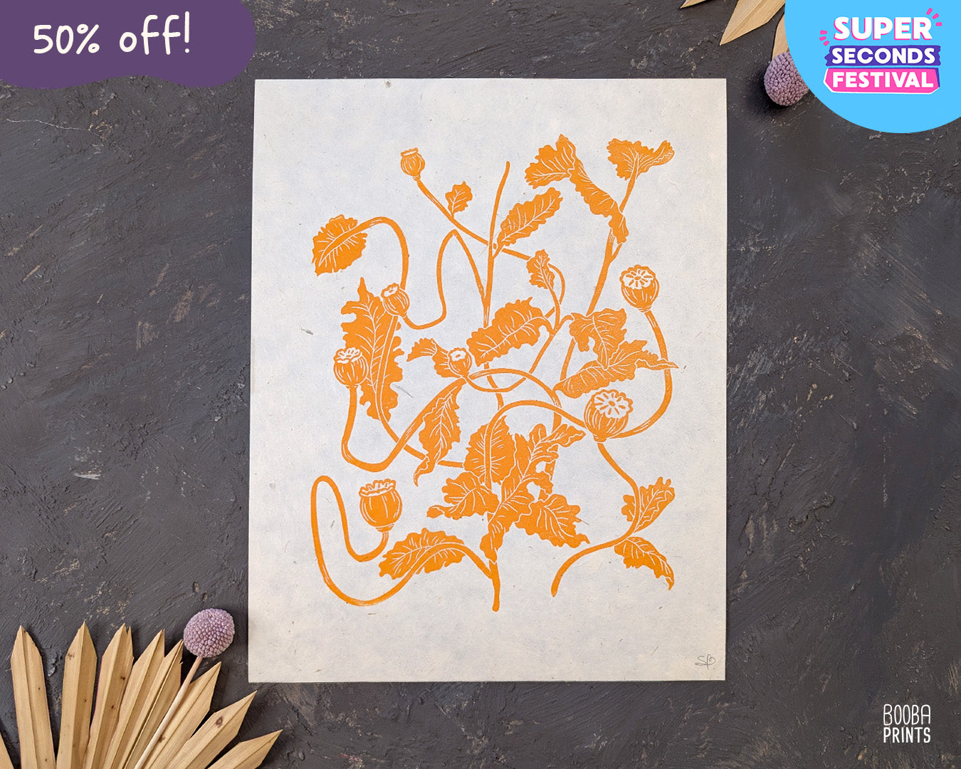 Orange Fall Flowers Linocut Print ✷ 50% Off