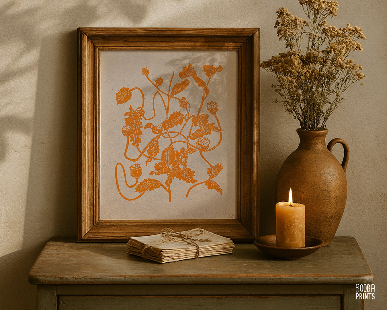 Orange Fall Flowers Linocut Print ✷ 50% Off