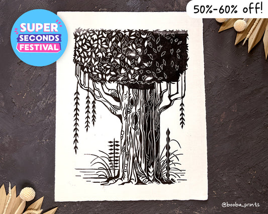 Handmade original print "The Tree". Print of tree and plants. Part of Super Seconds Festival 2023. Printed in black and white on white paper. Sale price 50% off. Art by Booba Prints.