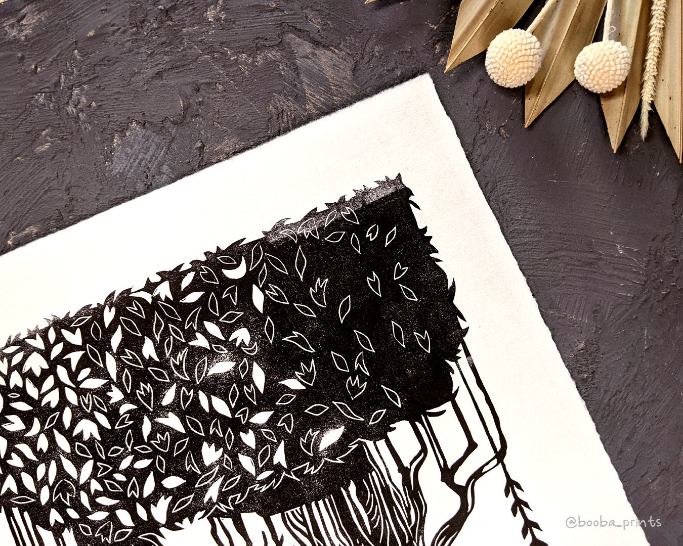 Handmade original print "The Tree". Print of tree and plants. Part of Super Seconds Festival 2023. Printed in black and white on white paper. Sale price 50% off. Art by Booba Prints.