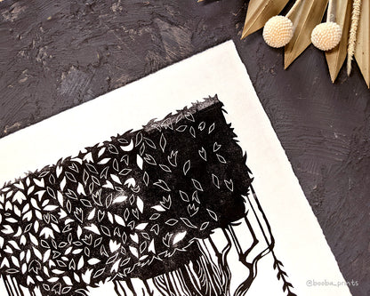 Handmade original print "The Tree". Print of tree and plants. Part of Super Seconds Festival 2023. Printed in black and white on white paper. Sale price 50% off. Art by Booba Prints.