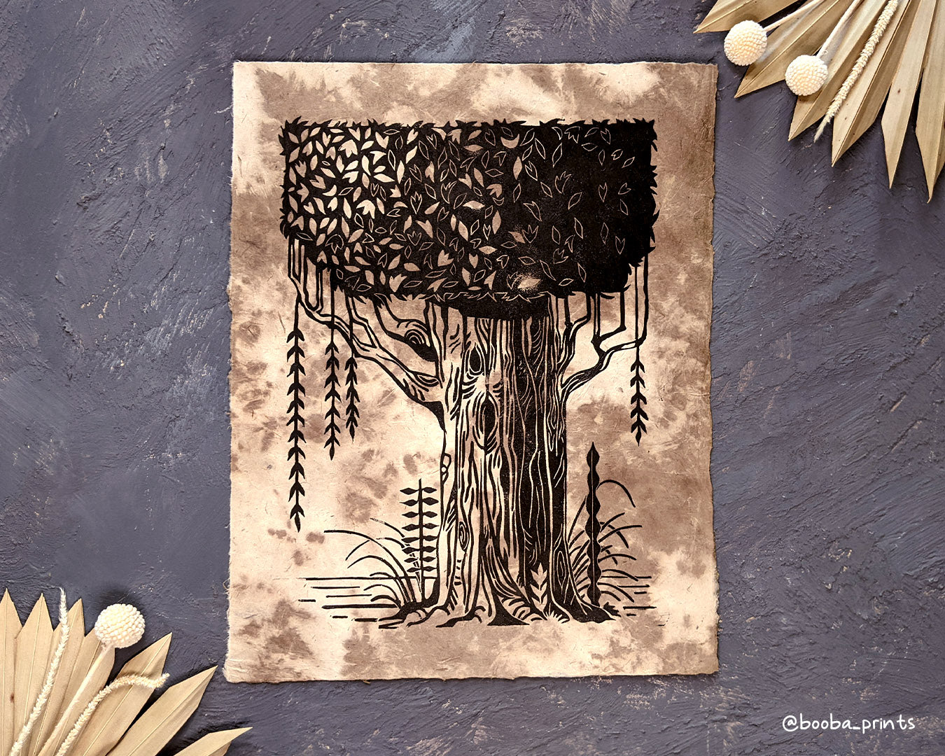 Handmade original print "The Tree". Print of tree and plants. Part of Super Seconds Festival 2023. Printed in black and white on white paper. Sale price 50% off. Art by Booba Prints.