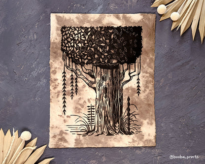 Handmade original print "The Tree". Print of tree and plants. Part of Super Seconds Festival 2023. Printed in black and white on white paper. Sale price 50% off. Art by Booba Prints.