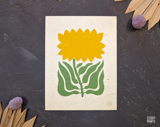 Floral Linocut Print Green & Yellow Stylized Minimalist Print "Sunshine Flower"✷