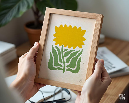 Floral Linocut Print Green & Yellow Stylized Minimalist Print "Sunshine Flower"✷