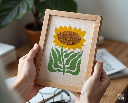Hand Embroidered Floral Linocut Print ✷ "Sunshine Flower" Mixed Media Piece