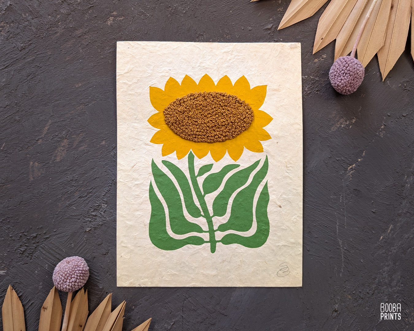 Hand Embroidered Floral Linocut Print ✷ "Sunshine Flower" Mixed Media Piece