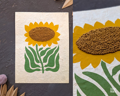 Hand Embroidered Floral Linocut Print ✷ "Sunshine Flower" Mixed Media Piece