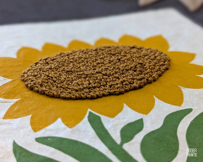 Hand Embroidered Floral Linocut Print ✷ "Sunshine Flower" Mixed Media Piece