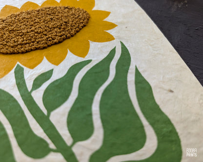 Hand Embroidered Floral Linocut Print ✷ "Sunshine Flower" Mixed Media Piece