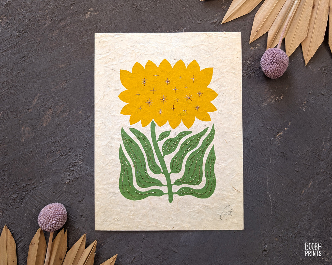 Hand Embroidered Floral Linocut Print ✷ "Sunshine Flower" Mixed Media Piece