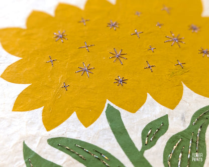 Hand Embroidered Floral Linocut Print ✷ "Sunshine Flower" Mixed Media Piece