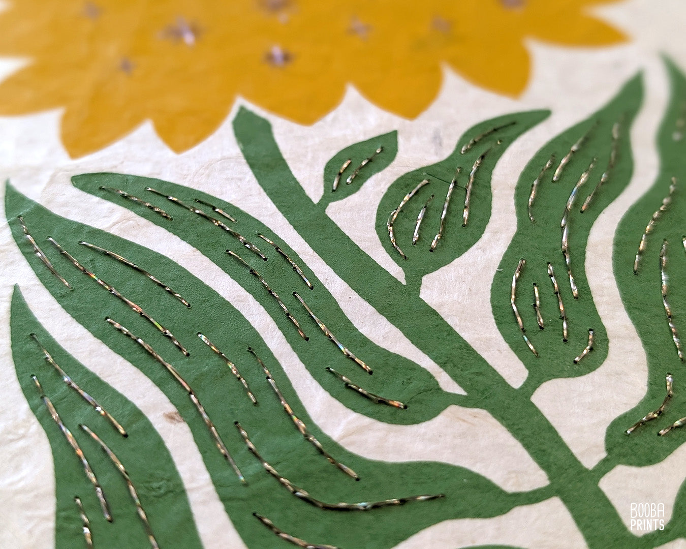 Hand Embroidered Floral Linocut Print ✷ "Sunshine Flower" Mixed Media Piece