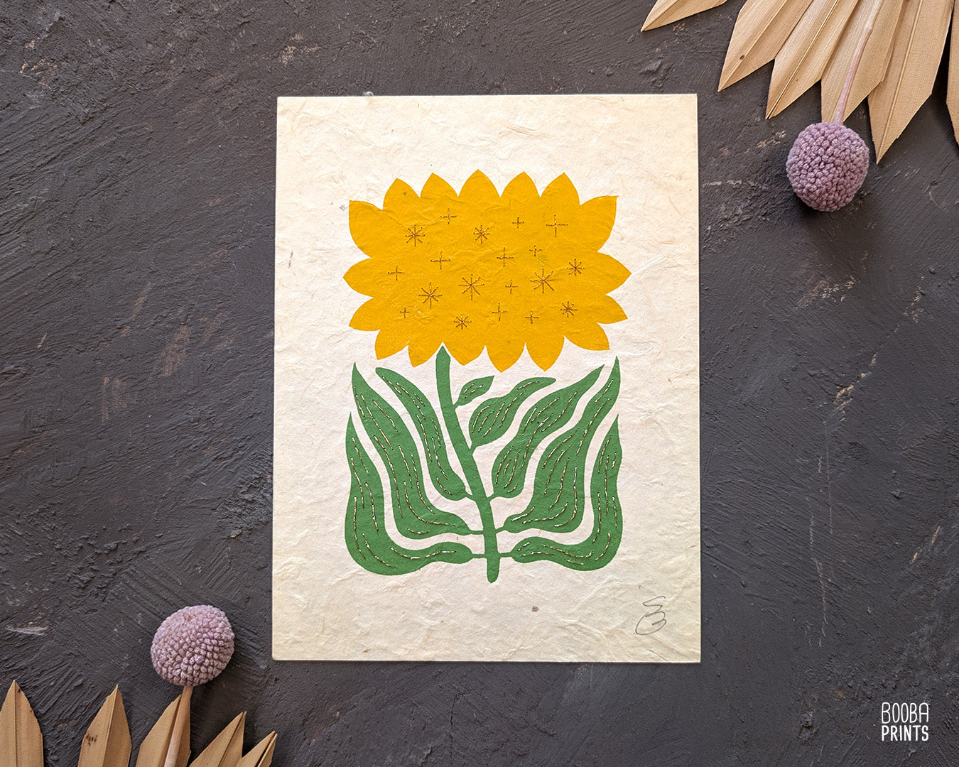 Hand Embroidered Floral Linocut Print ✷ "Sunshine Flower" Mixed Media Piece