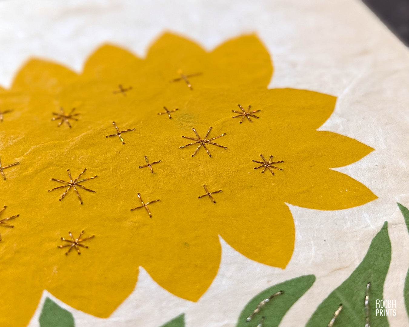 Hand Embroidered Floral Linocut Print ✷ "Sunshine Flower" Mixed Media Piece