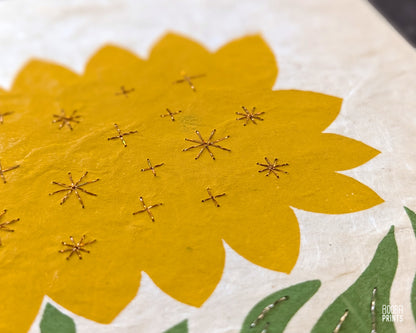 Hand Embroidered Floral Linocut Print ✷ "Sunshine Flower" Mixed Media Piece