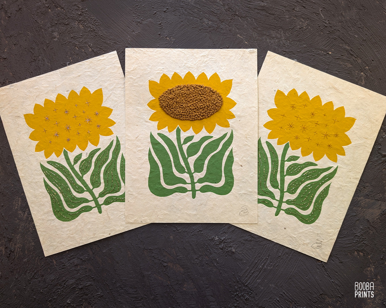 Hand Embroidered Floral Linocut Print ✷ "Sunshine Flower" Mixed Media Piece