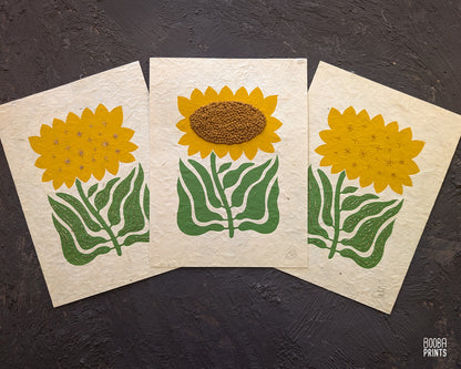 Hand Embroidered Floral Linocut Print ✷ "Sunshine Flower" Mixed Media Piece