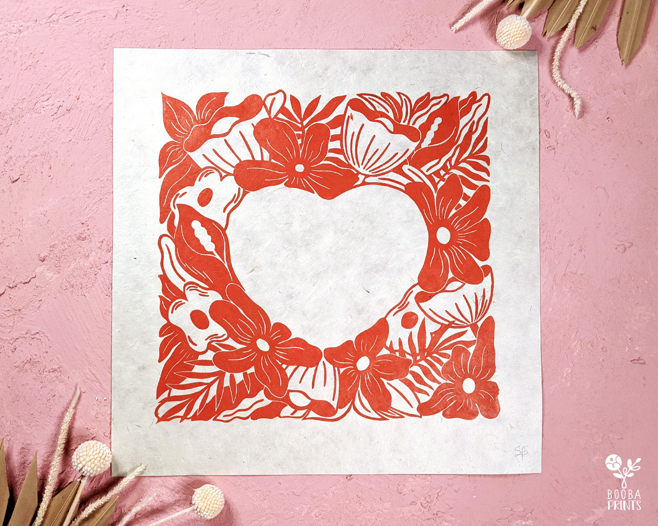 Original hand carved and hand printed linocut print of floral heart. Printed with red oil based ink on natural Lokta paper or light pink card paper. Valentine's Day gift. Home decor lover gift. Art by Booba Prints.