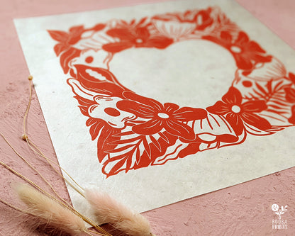 Original hand carved and hand printed linocut print of floral heart. Printed with red oil based ink on natural Lokta paper or light pink card paper. Valentine's Day gift. Home decor lover gift. Art by Booba Prints.