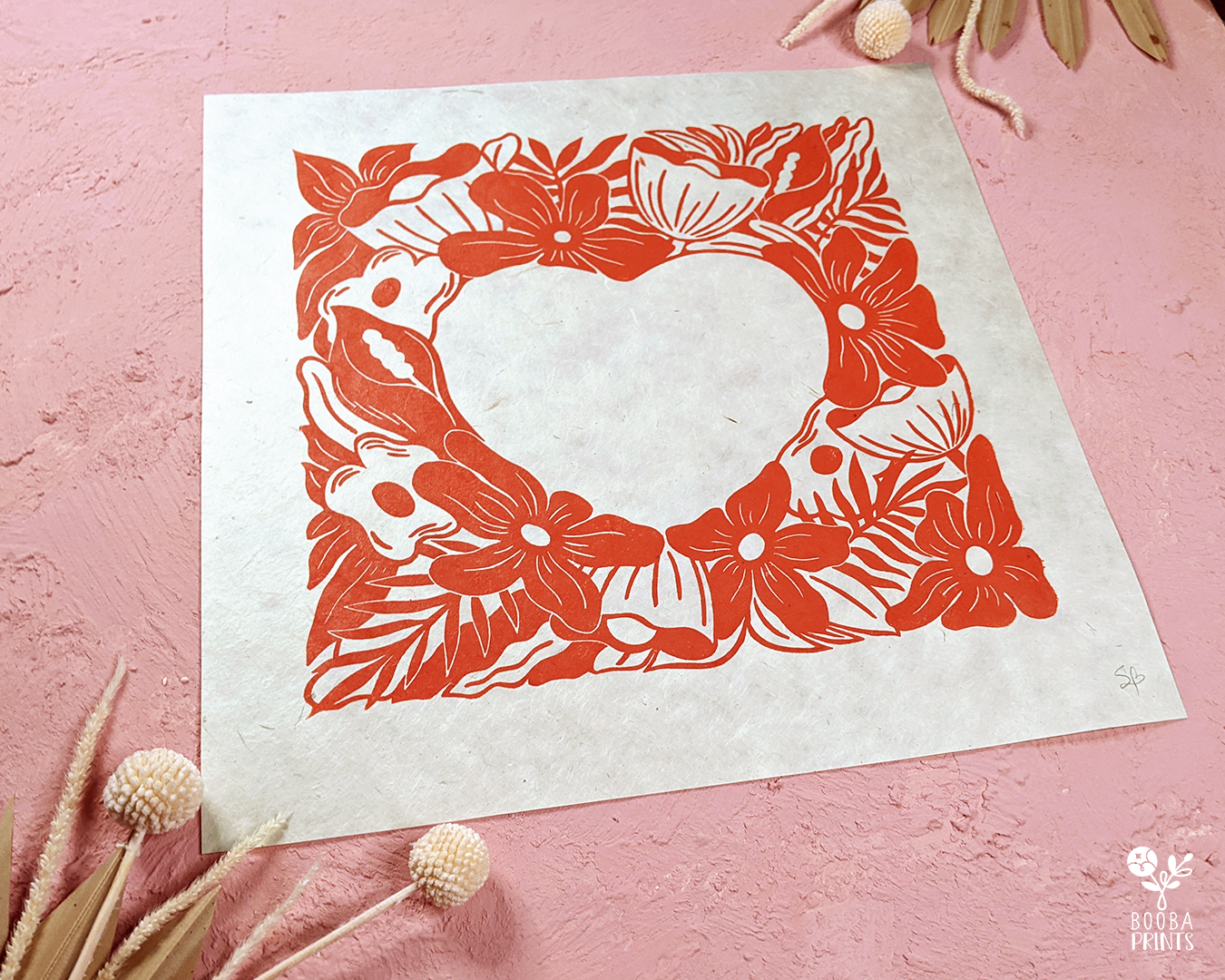 Red Flowers Heart Linocut Print ✷35%-45% Off!