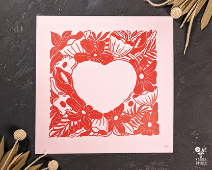 Original hand carved and hand printed linocut print of floral heart. Printed with red oil based ink on natural Lokta paper or light pink card paper. Valentine's Day gift. Home decor lover gift. Art by Booba Prints.