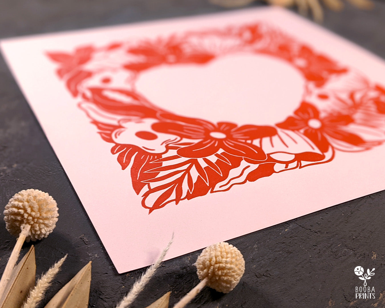 Original hand carved and hand printed linocut print of floral heart. Printed with red oil based ink on natural Lokta paper or light pink card paper. Valentine's Day gift. Home decor lover gift. Art by Booba Prints.