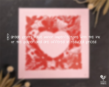 Original hand carved and hand printed linocut print of floral heart. Printed with red oil based ink on natural Lokta paper or light pink card paper. Valentine's Day gift. Home decor lover gift. Art by Booba Prints.