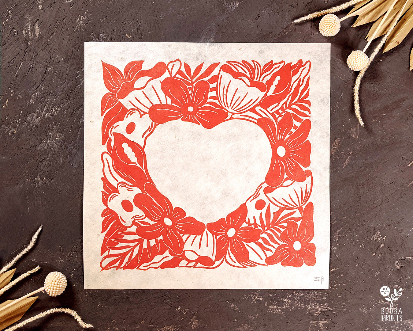 Original hand carved and hand printed linocut print of floral heart. Printed with red oil based ink on natural Lokta paper or light pink card paper. Valentine's Day gift. Home decor lover gift. Art by Booba Prints.