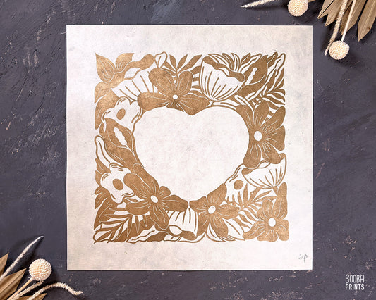 Original linocut print of floral heart in metallic gold, heart surrounded by flowers. Print for Valentine's Day or an anniversary gift. Gift for her, romantic print for special occasion. Print for home decor to inspire your space. Art by Booba Prints.
