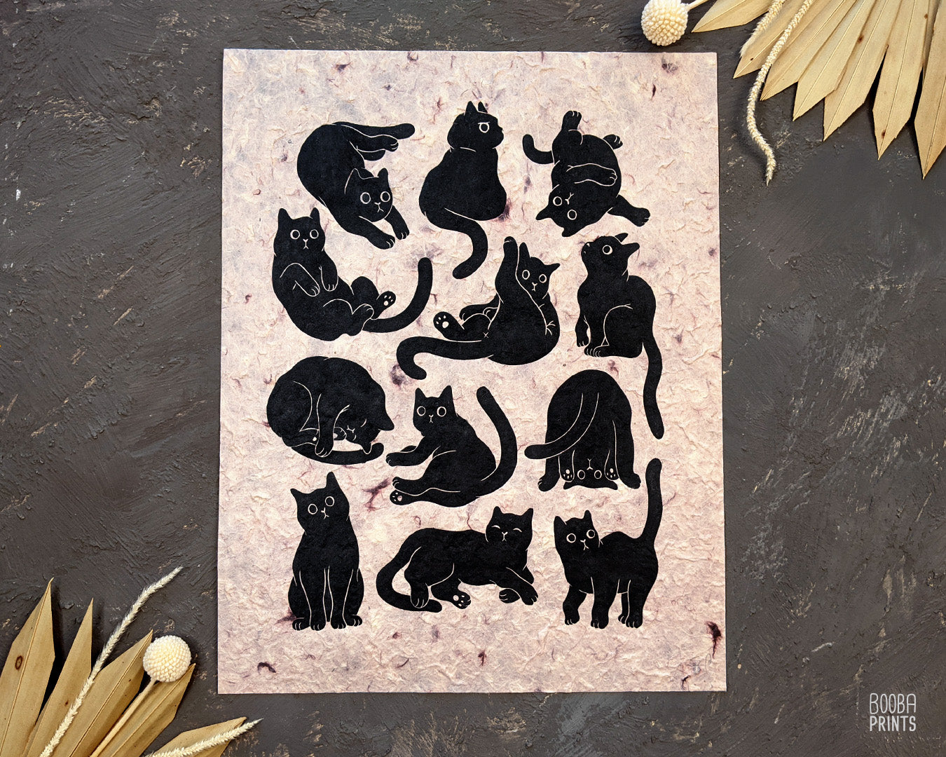 Original handmade linocut print of 12 black cats, cute print on natural lokta paper or STUNNING pink Himalayan paper, cat lover print, print for home decor and gallery wall, add this to your space to spark joy and get inspired. Print by Booba Prints