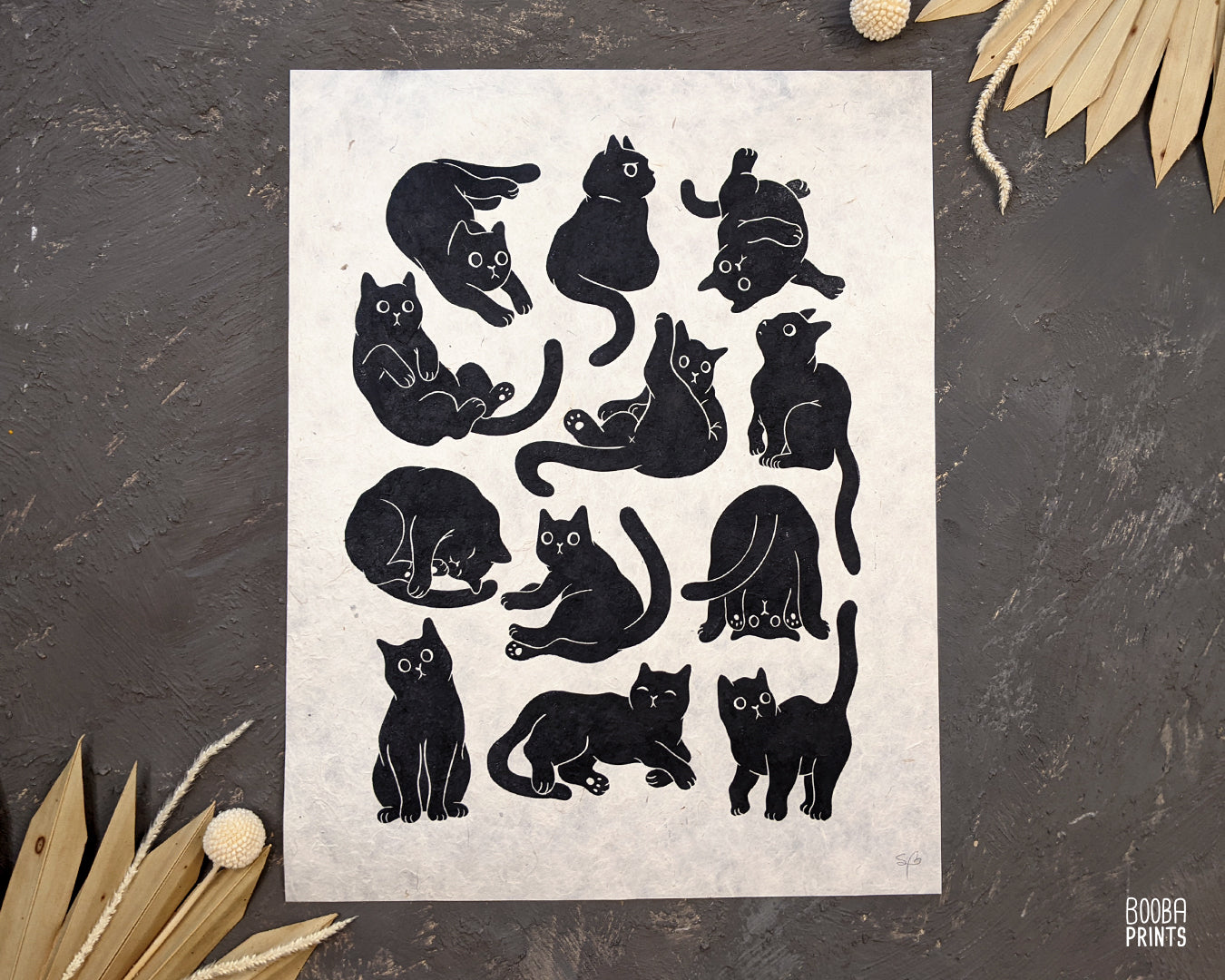 Original handmade linocut print of 12 black cats, cute print on natural lokta paper or STUNNING pink Himalayan paper, cat lover print, print for home decor and gallery wall, add this to your space to spark joy and get inspired. Print by Booba Prints