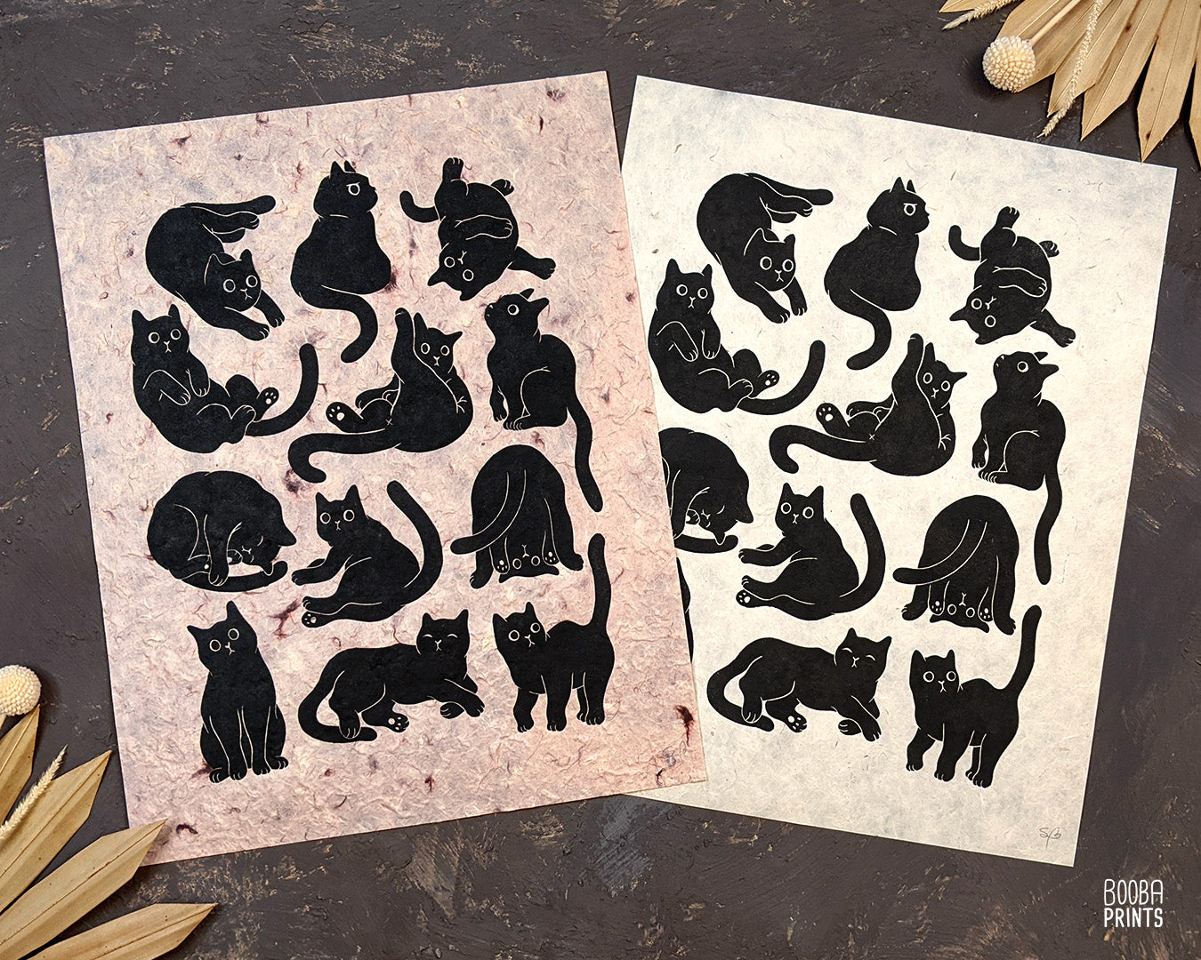 Original handmade linocut print of 12 black cats, cute print on natural lokta paper or STUNNING pink Himalayan paper, cat lover print, print for home decor and gallery wall, add this to your space to spark joy and get inspired. Print by Booba Prints